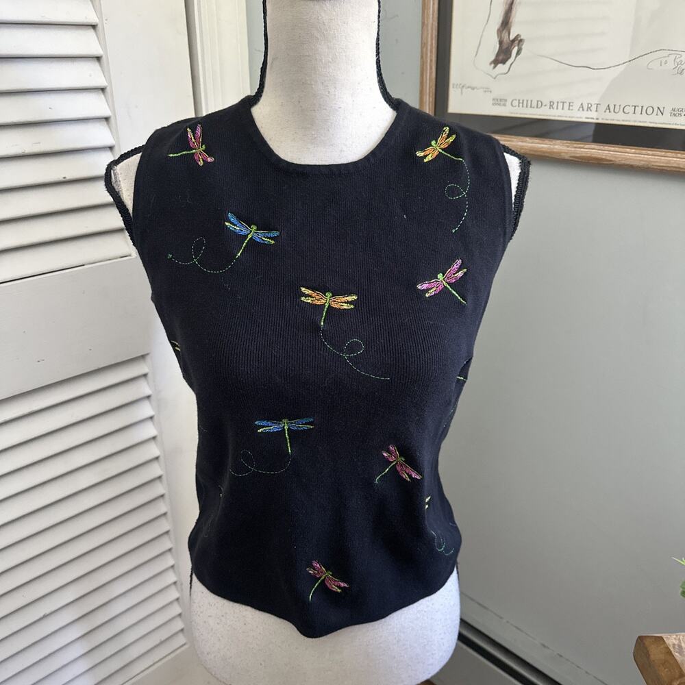 Vintage Eagles Eye Sweater Vest Womerns Medium Black Embroidered Dragonfly Retro